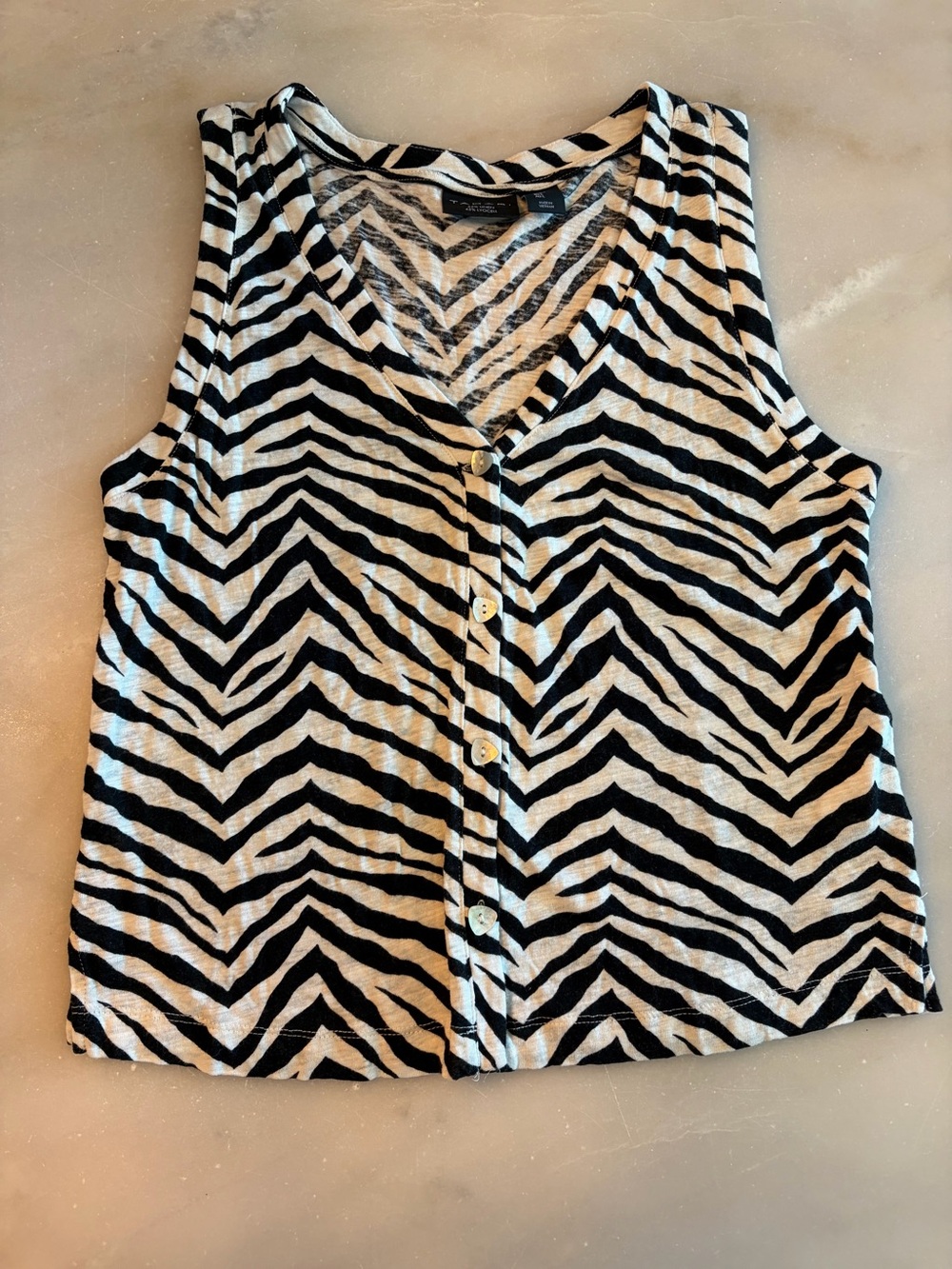 Tahari Black & White Zebra-Print Button Tank